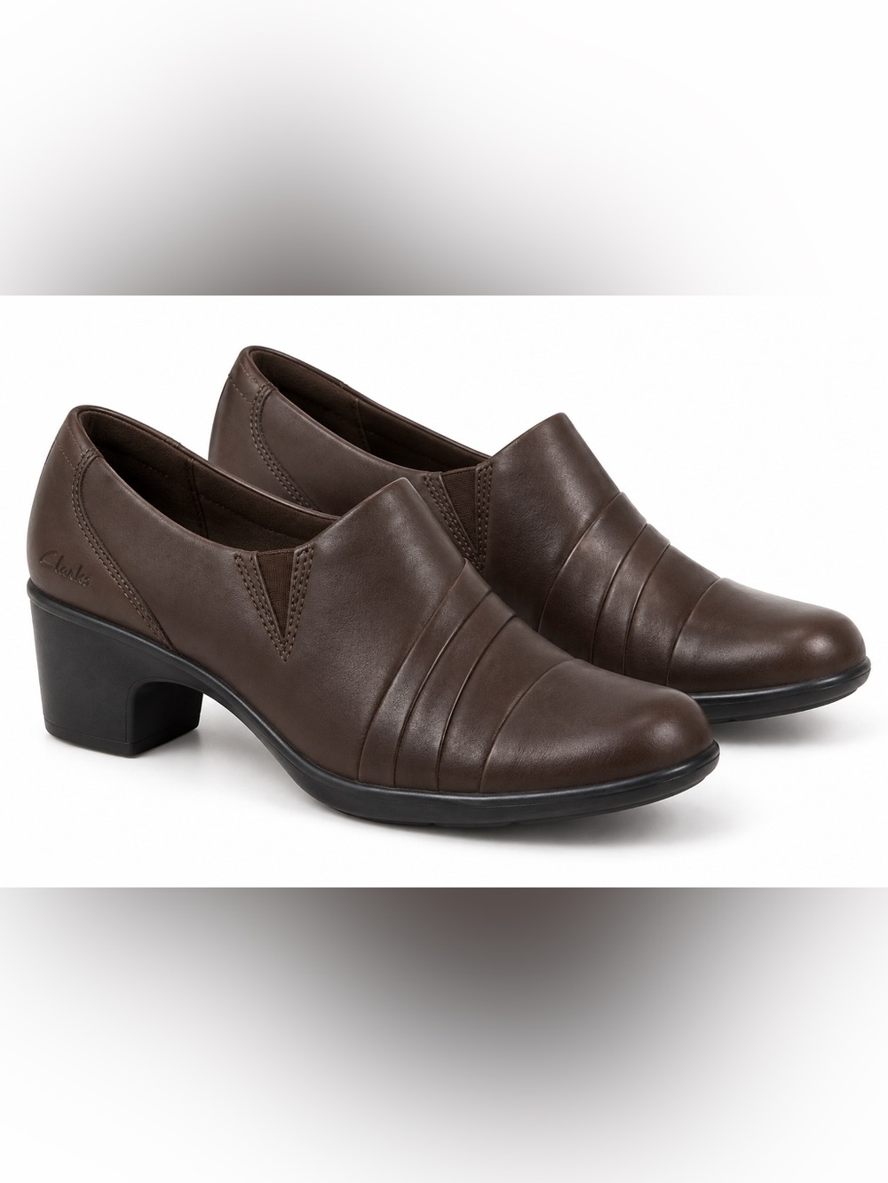 Clarks Partridge Brown Leather Comfort Loafers Block Heel Slip On Shoes
